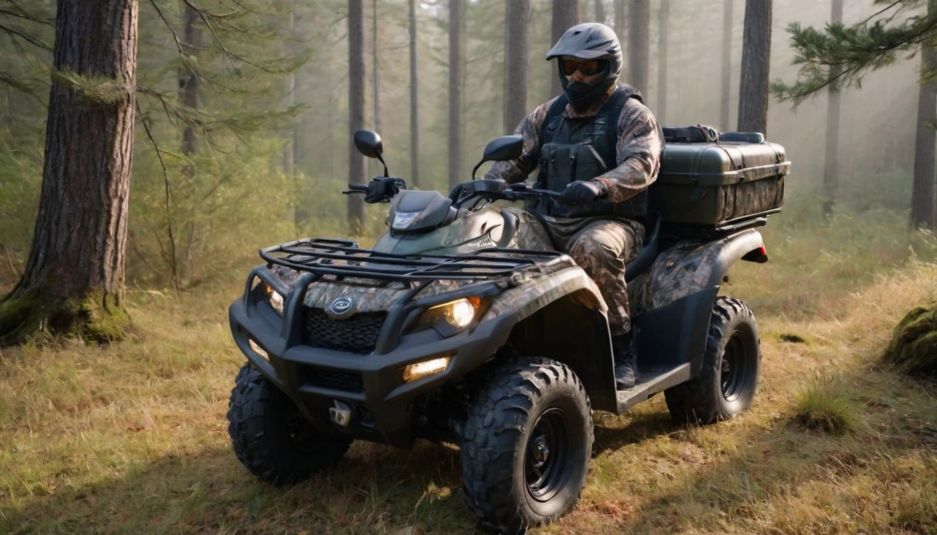 Квадроцикл Kymco в камуфляже для охоты в лесу