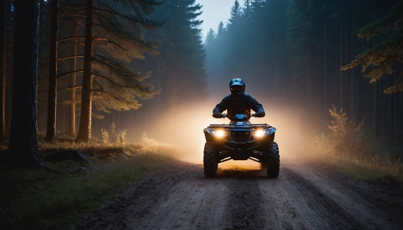 Квадроциклы Kymco с включенным светом в ночном лесу Минска